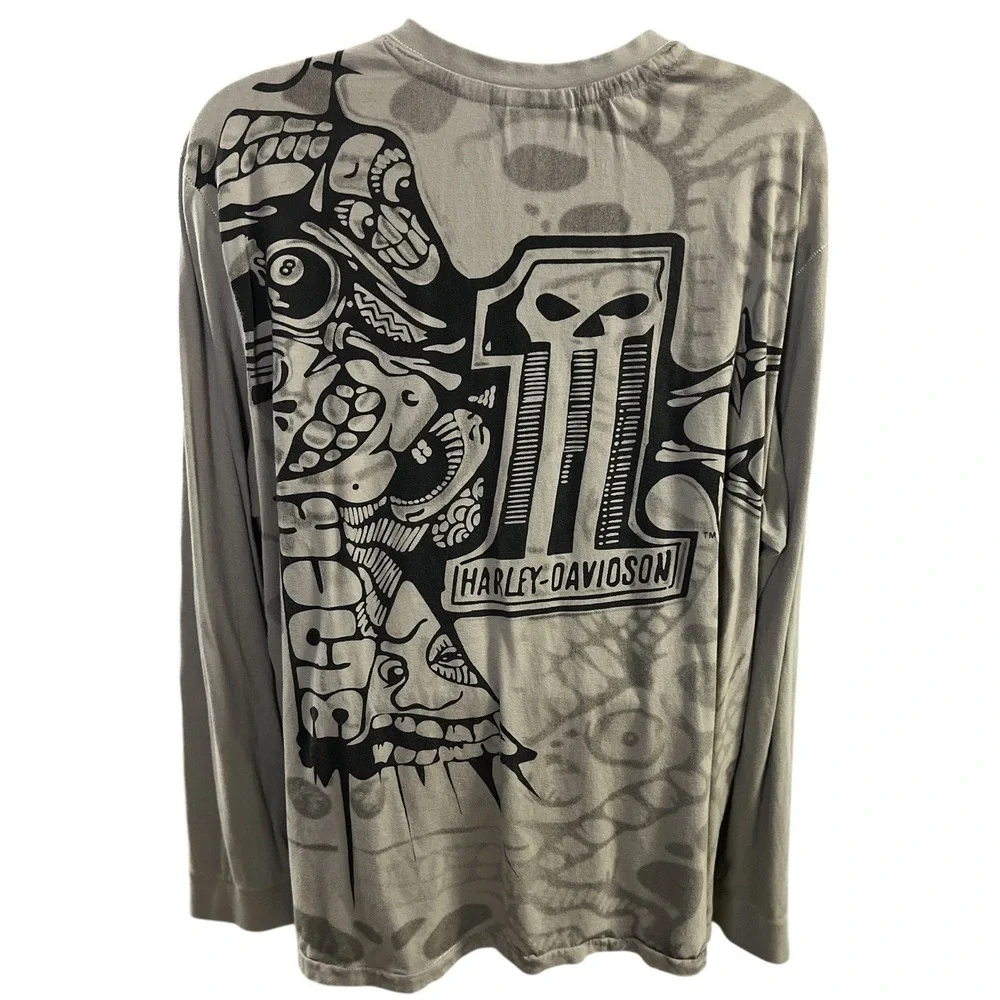 Harley-Davidson Punisher Skull Logo Long Sleeve Henley‎ Shirt Biker Brown 2XL